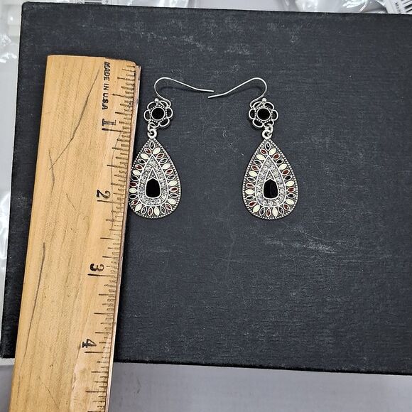 Silver tear drop earrings Bohemian Rhinestone black enamel - Picture 3 of 3